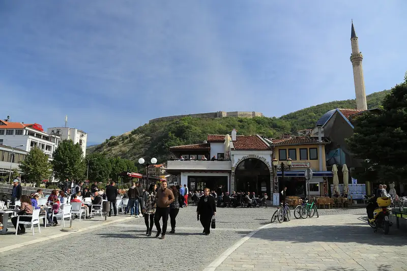 Shadërvan square in Prizren, with the Sinan Pasha minaret and the Fortress on the hill